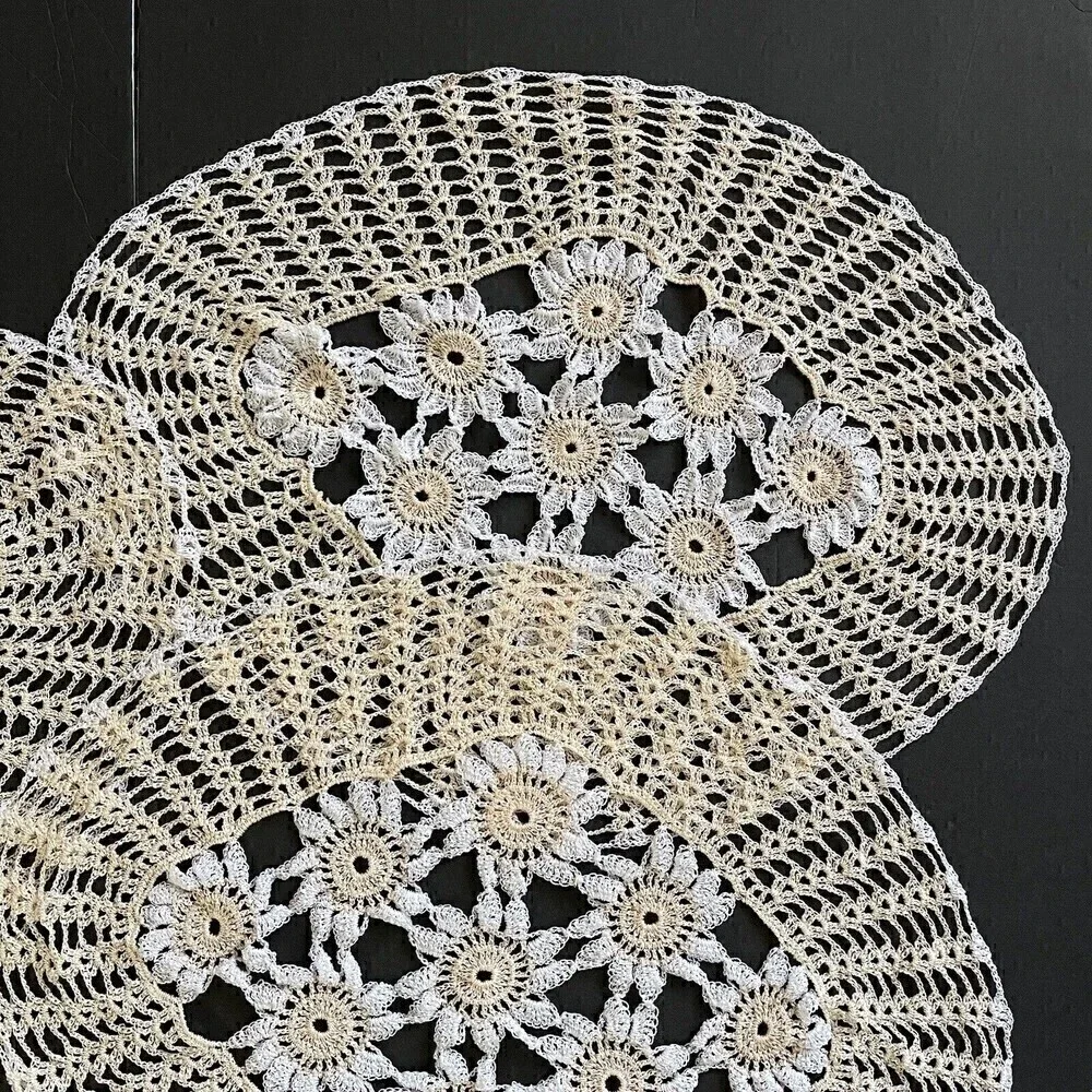 Hand Crocheted Oval Lace Peach Doilies Centerpiece Doily Floral Vintage Lot of 3